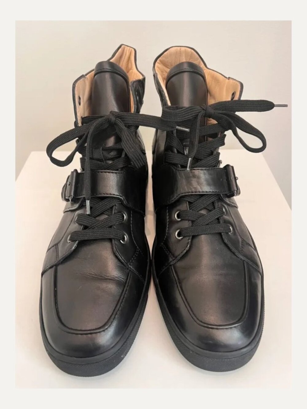 Christian Louboutin Louis Flat Buckle Black Leather High-Top Sneakers EU 46